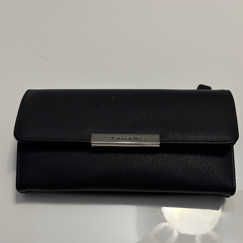Tahari Black Leather Clutch with Silver Accent